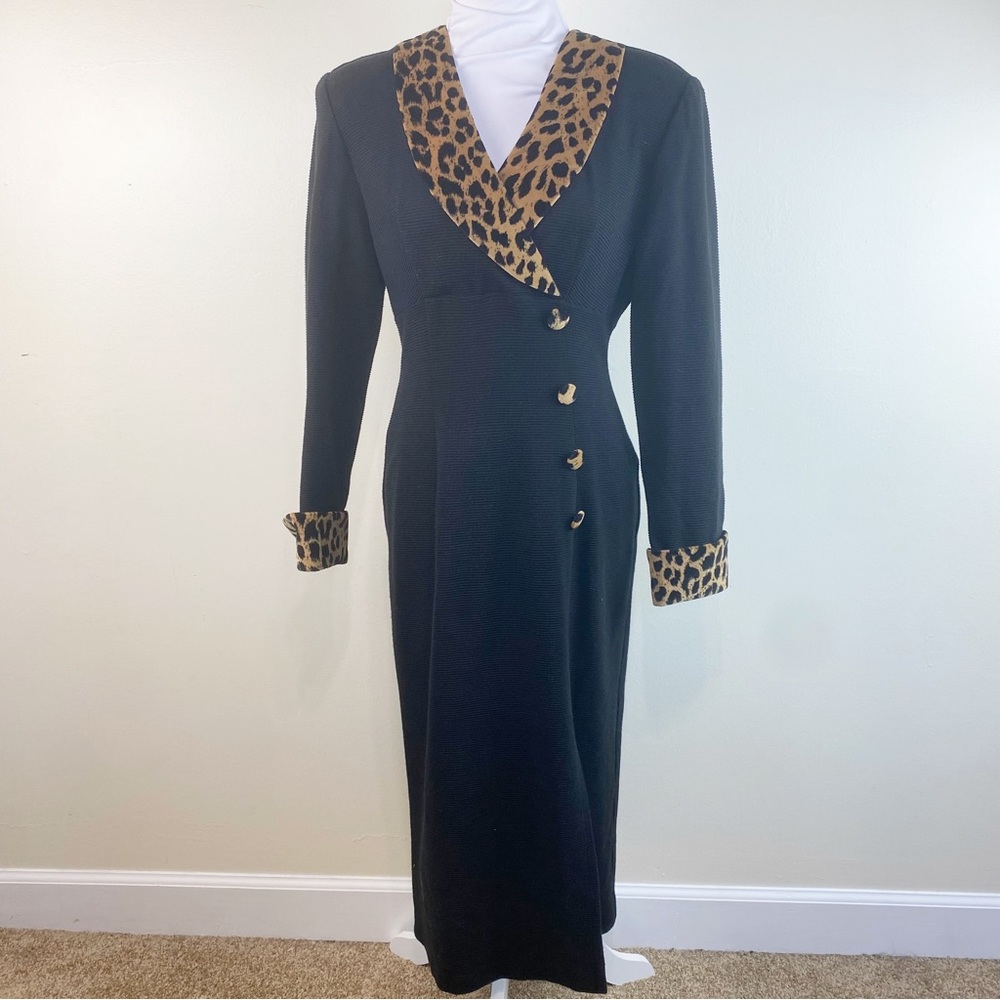 Vintage 80s Black Ribbed Gown with Velvet Leopard Print Collar